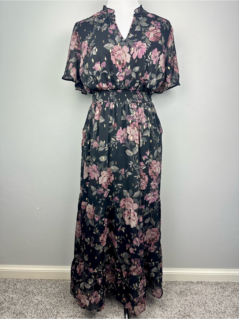 Torrid Ballet Floral Black Lurex Chiffon Maxi Dress NWT Size 0